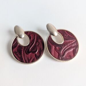 Patricia Nash Simone Doorknocker Drop Earrings Burgundy Tooled Leather Silver